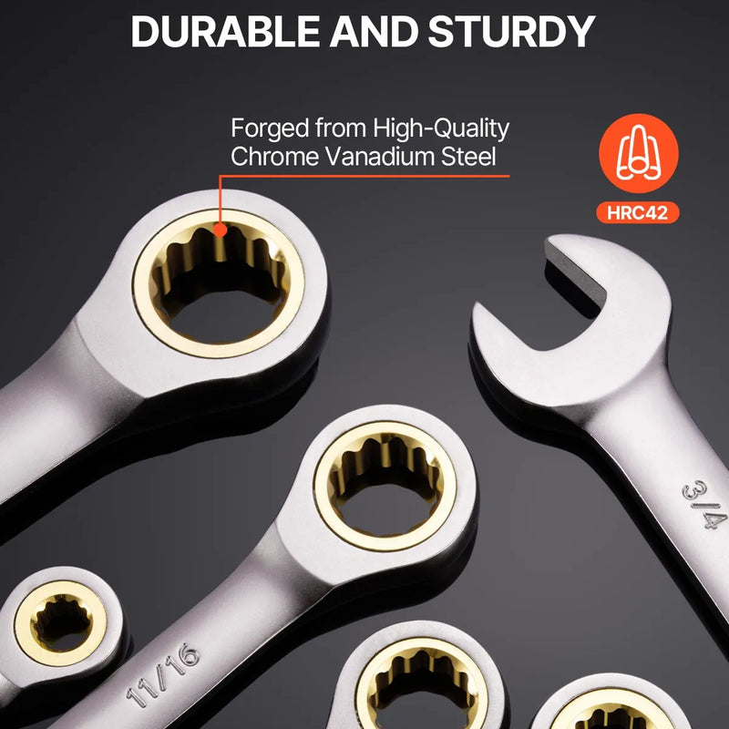 VEVOR Kombinēto atslēgu komplekts, 24 gab., SAE 6,35–22,2 mm un metrisks 8–19 mm ar organizatoru statīvu