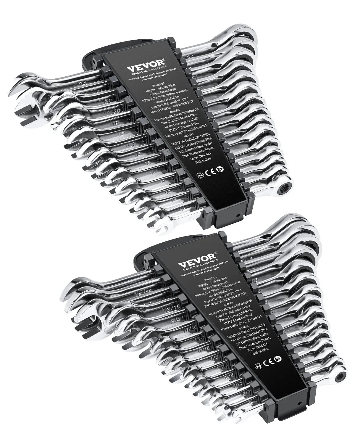 VEVOR kombinēto sprūdrata atslēgu komplekts, 30 gabali, ar uzglabāšanas statīvu, izgatavots no Cr-V tērauda, metriskie izmēri 8–24 mm, piemērots sadzīves darbiem, garāžai, darbnīcai un neatliekamiem gadījumiem
