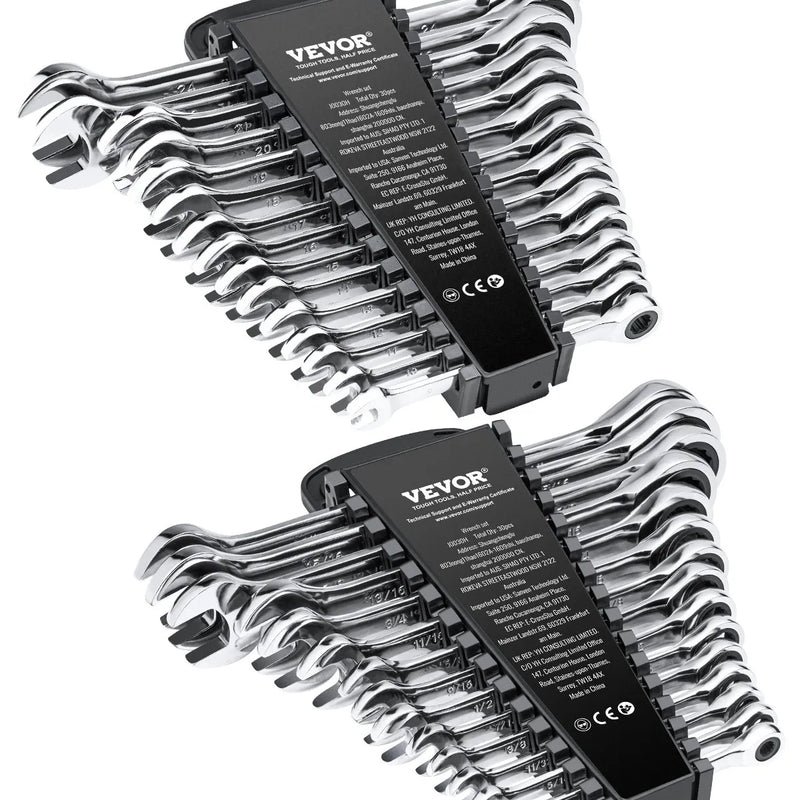VEVOR kombinēto sprūdrata atslēgu komplekts, 30 gabali, ar uzglabāšanas statīvu, izgatavots no Cr-V tērauda, metriskie izmēri 8–24 mm, piemērots sadzīves darbiem, garāžai, darbnīcai un neatliekamiem gadījumiem