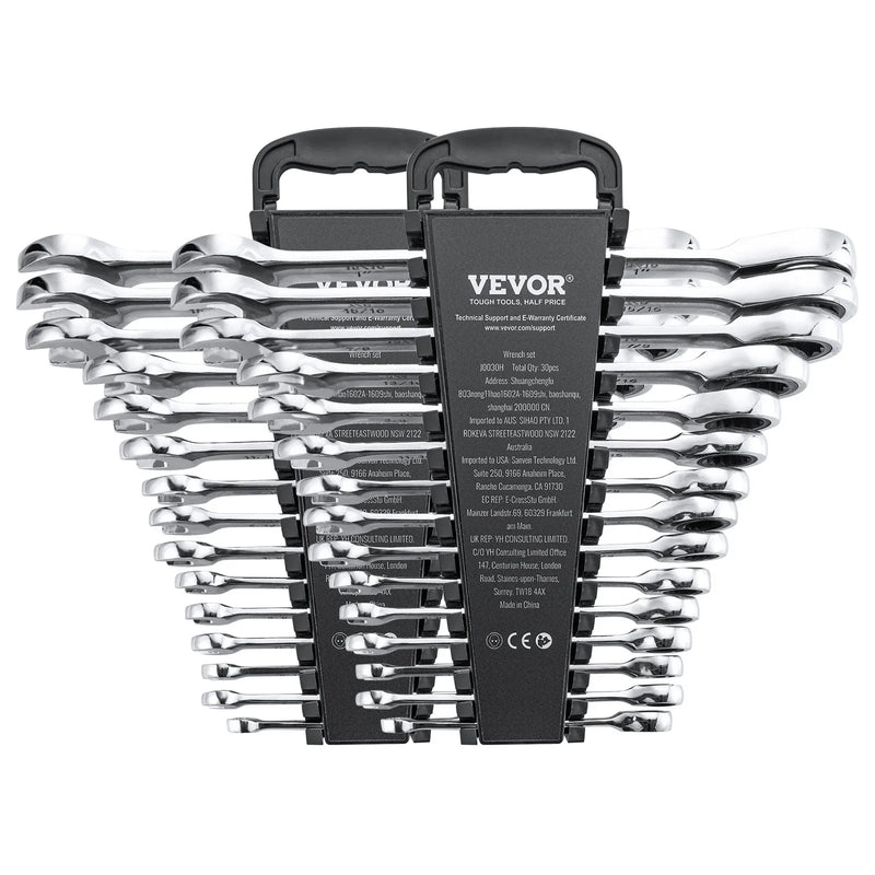 VEVOR kombinēto sprūdrata atslēgu komplekts, 30 gabali, ar uzglabāšanas statīvu, izgatavots no Cr-V tērauda, metriskie izmēri 8–24 mm, piemērots sadzīves darbiem, garāžai, darbnīcai un neatliekamiem gadījumiem