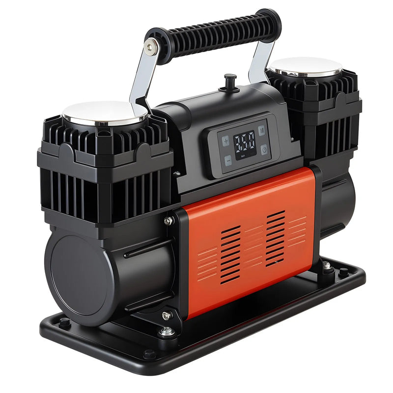 VEVOR divu cilindru lieljaudas gaisa kompresors, portatīvs riepu pumpis ar automātisku izslēgšanos, 300 l/min, 12 V, līdz 10,3 bar, bezceļu transportlīdzekļiem, ar LCD digitālo displeju un adapteriem automašīnām, SUV, 4×4 un kemperiem