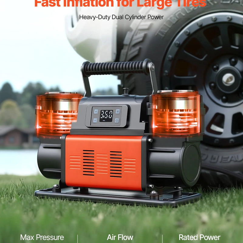 VEVOR divu cilindru lieljaudas gaisa kompresors, portatīvs riepu pumpis ar automātisku izslēgšanos, 300 l/min, 12 V, līdz 10,3 bar, bezceļu transportlīdzekļiem, ar LCD digitālo displeju un adapteriem automašīnām, SUV, 4×4 un kemperiem
