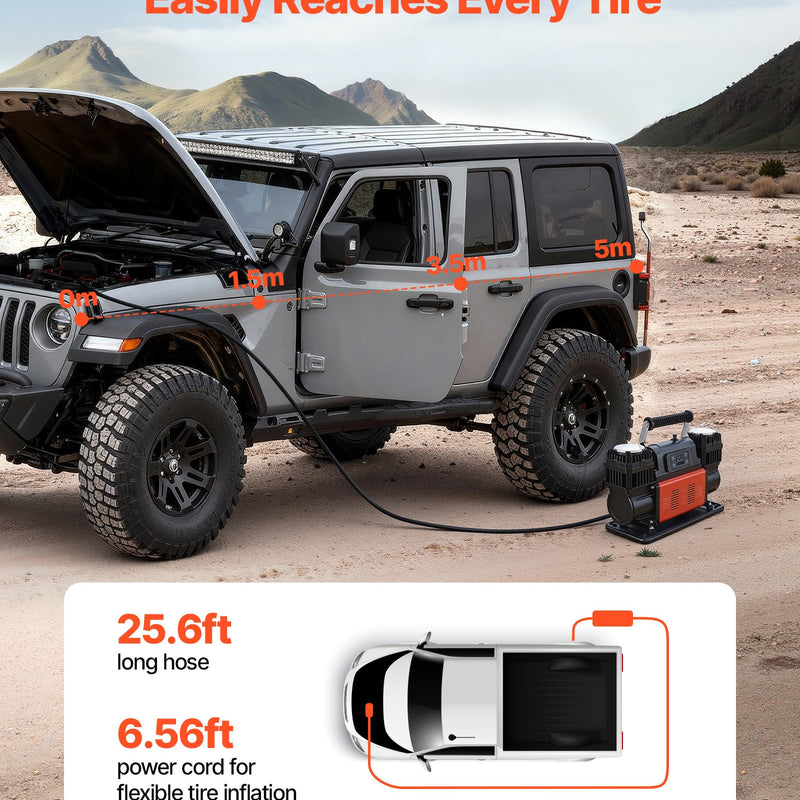 VEVOR divu cilindru lieljaudas gaisa kompresors, portatīvs riepu pumpis ar automātisku izslēgšanos, 300 l/min, 12 V, līdz 10,3 bar, bezceļu transportlīdzekļiem, ar LCD digitālo displeju un adapteriem automašīnām, SUV, 4×4 un kemperiem