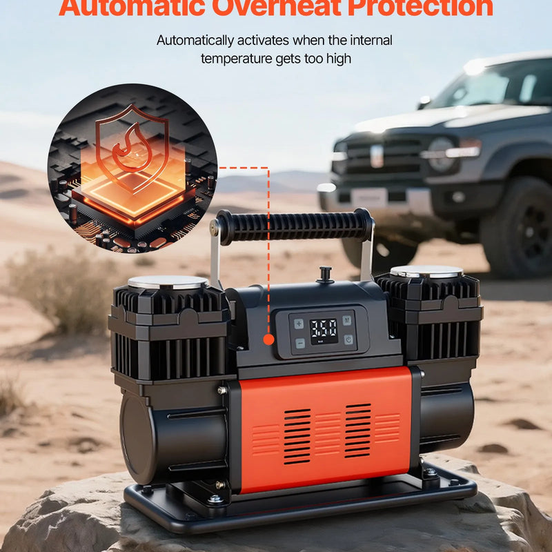 VEVOR divu cilindru lieljaudas gaisa kompresors, portatīvs riepu pumpis ar automātisku izslēgšanos, 300 l/min, 12 V, līdz 10,3 bar, bezceļu transportlīdzekļiem, ar LCD digitālo displeju un adapteriem automašīnām, SUV, 4×4 un kemperiem