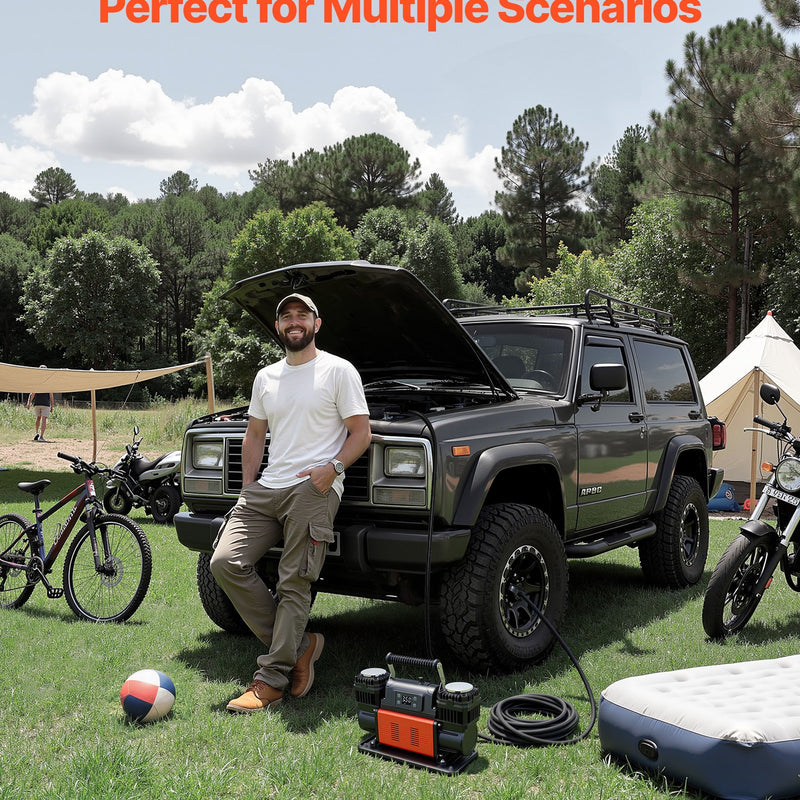 VEVOR divu cilindru lieljaudas gaisa kompresors, portatīvs riepu pumpis ar automātisku izslēgšanos, 300 l/min, 12 V, līdz 10,3 bar, bezceļu transportlīdzekļiem, ar LCD digitālo displeju un adapteriem automašīnām, SUV, 4×4 un kemperiem