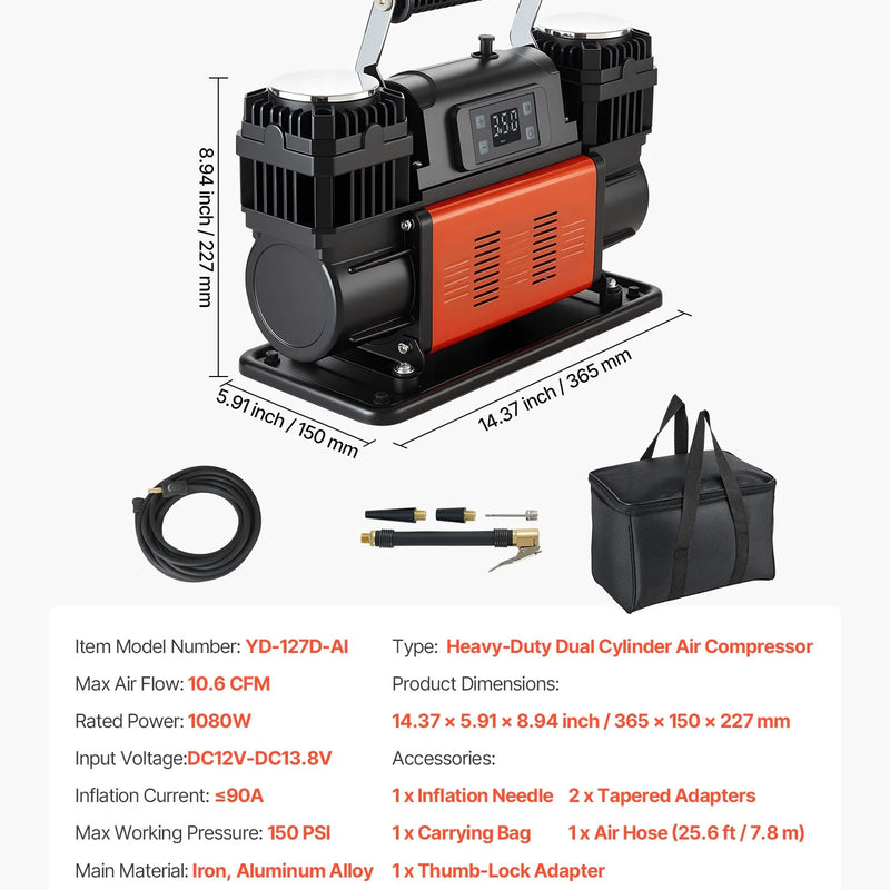 VEVOR divu cilindru lieljaudas gaisa kompresors, portatīvs riepu pumpis ar automātisku izslēgšanos, 300 l/min, 12 V, līdz 10,3 bar, bezceļu transportlīdzekļiem, ar LCD digitālo displeju un adapteriem automašīnām, SUV, 4×4 un kemperiem