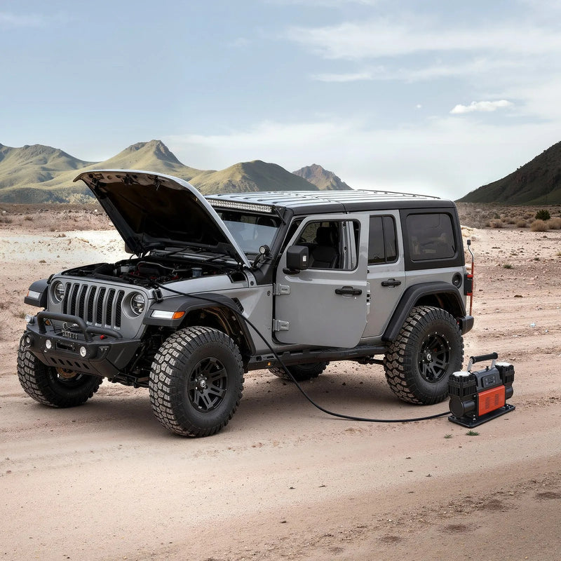 VEVOR divu cilindru lieljaudas gaisa kompresors, portatīvs riepu pumpis ar automātisku izslēgšanos, 300 l/min, 12 V, līdz 10,3 bar, bezceļu transportlīdzekļiem, ar LCD digitālo displeju un adapteriem automašīnām, SUV, 4×4 un kemperiem