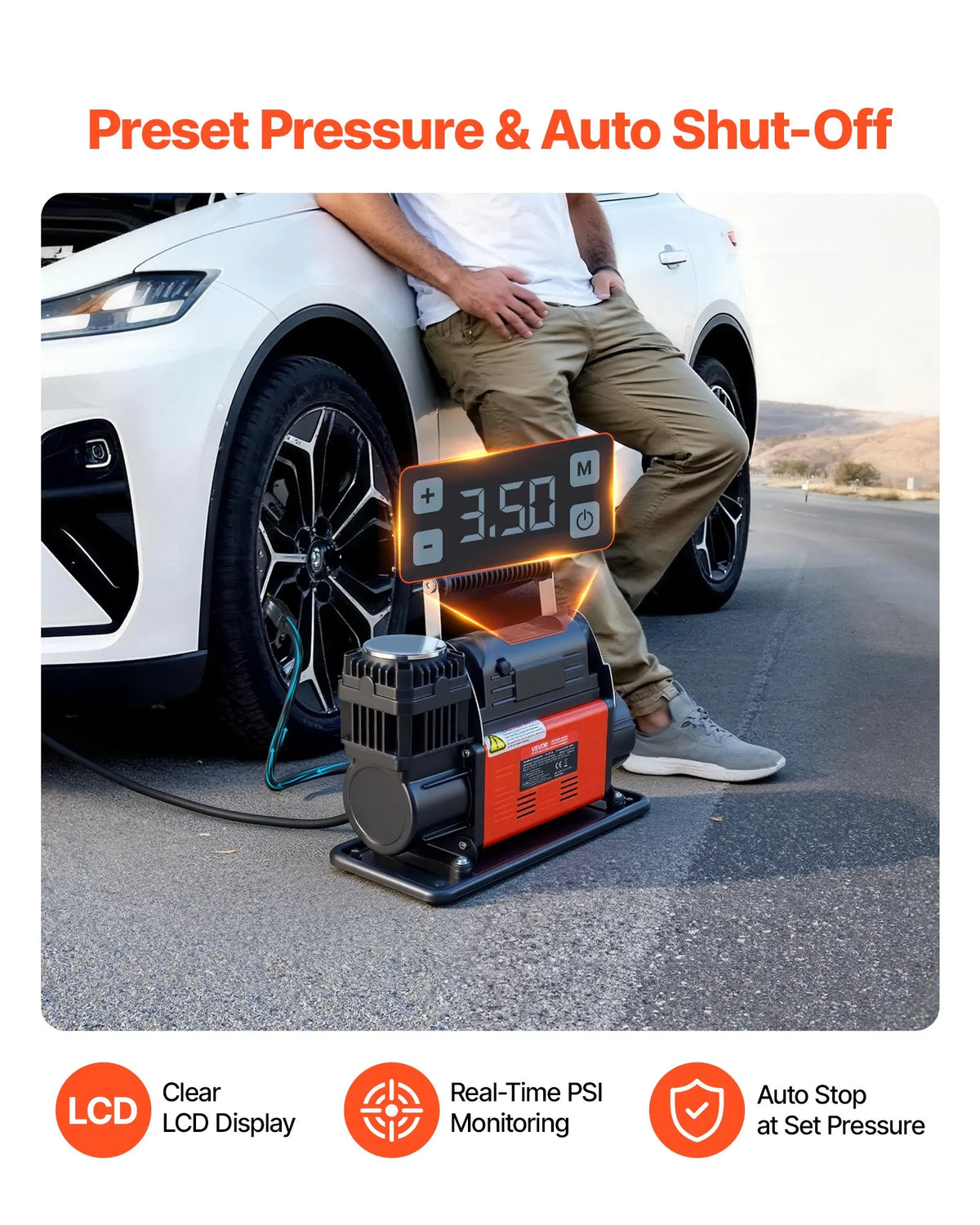 VEVOR 12 V lieljaudas gaisa kompresors, portatīvs riepu piepumpētājs ar automātisko izslēgšanos un LCD displeju, gaisa plūsma 202 l/min, spiediens līdz 10,3 bar, automašīnām, 4×4 un kemperiem