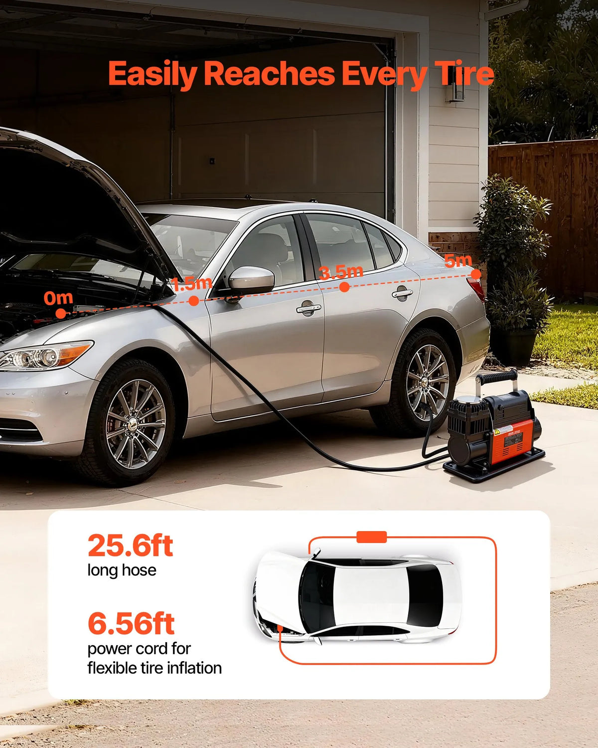 VEVOR 12 V lieljaudas gaisa kompresors, portatīvs riepu piepumpētājs ar automātisko izslēgšanos un LCD displeju, gaisa plūsma 202 l/min, spiediens līdz 10,3 bar, automašīnām, 4×4 un kemperiem