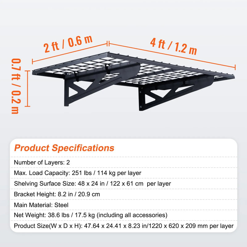 Uzglabāšanas plaukti 2 gab. 22 x 61 cm pie sienas stiprināmi 114 kg, metāla