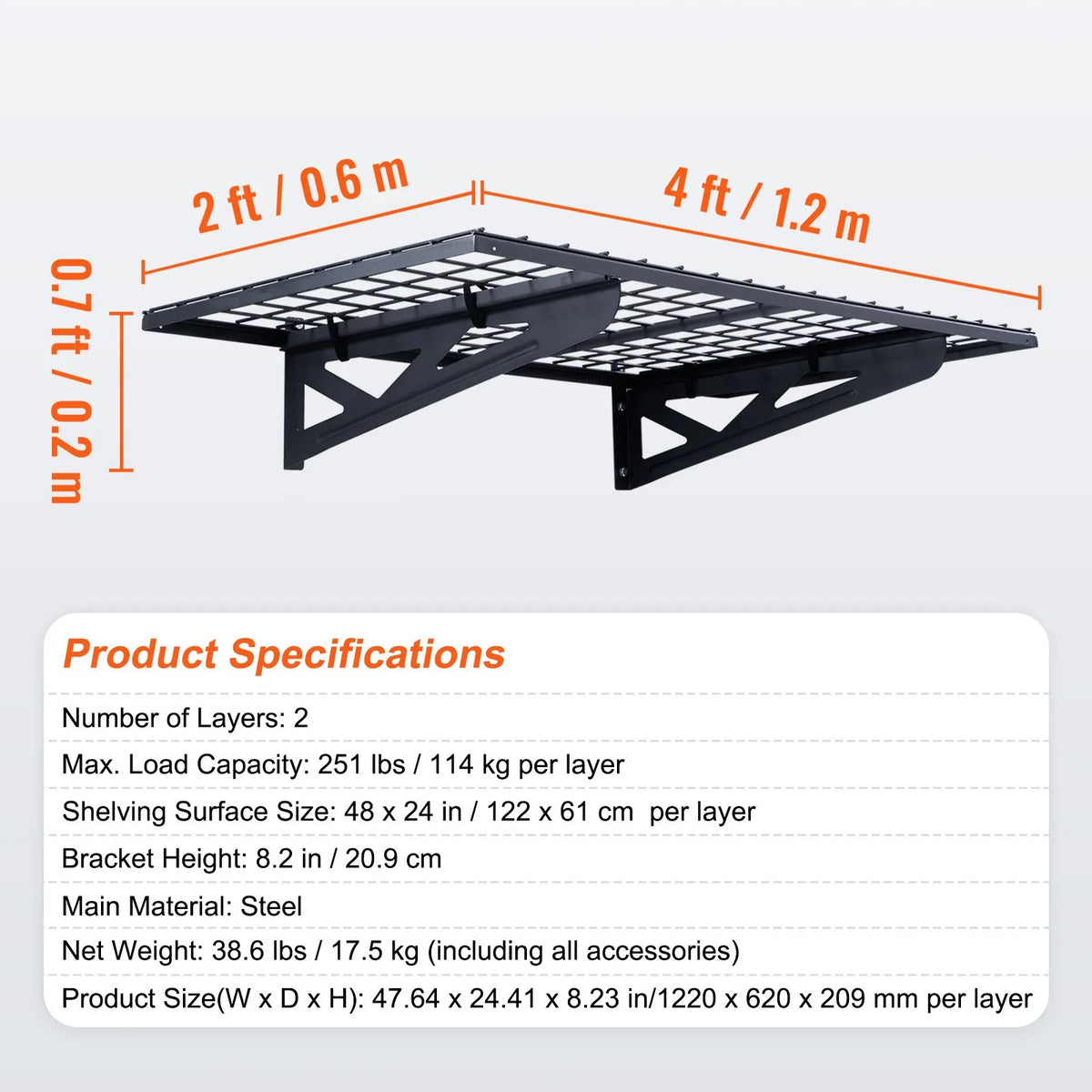 Uzglabāšanas plaukti 2 gab. 22 x 61 cm pie sienas stiprināmi 114 kg, metāla