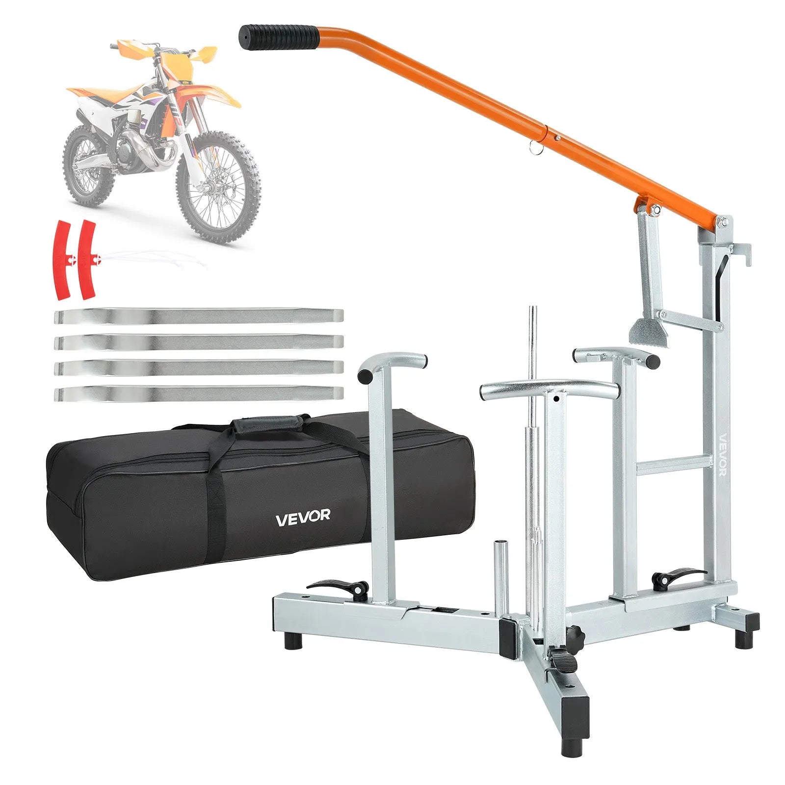 VEVOR motocikla un dual-sport riepu montāžas iekārta 406–533 mm riteņiem, 15/17/20/25 mm asīm, smagās klases riepu maiņas komplekts ar bortu atdalītāju, montāžas svirām, aizsarguzmavām un uzglabāšanas somu