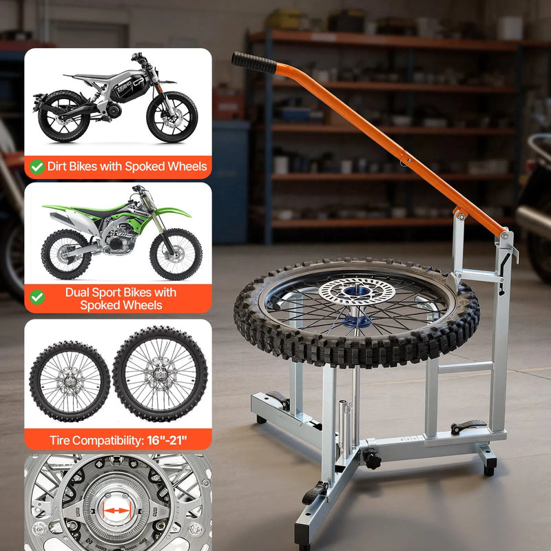 VEVOR motocikla un dual-sport riepu montāžas iekārta 406–533 mm riteņiem, 15/17/20/25 mm asīm, smagās klases riepu maiņas komplekts ar bortu atdalītāju, montāžas svirām, aizsarguzmavām un uzglabāšanas somu