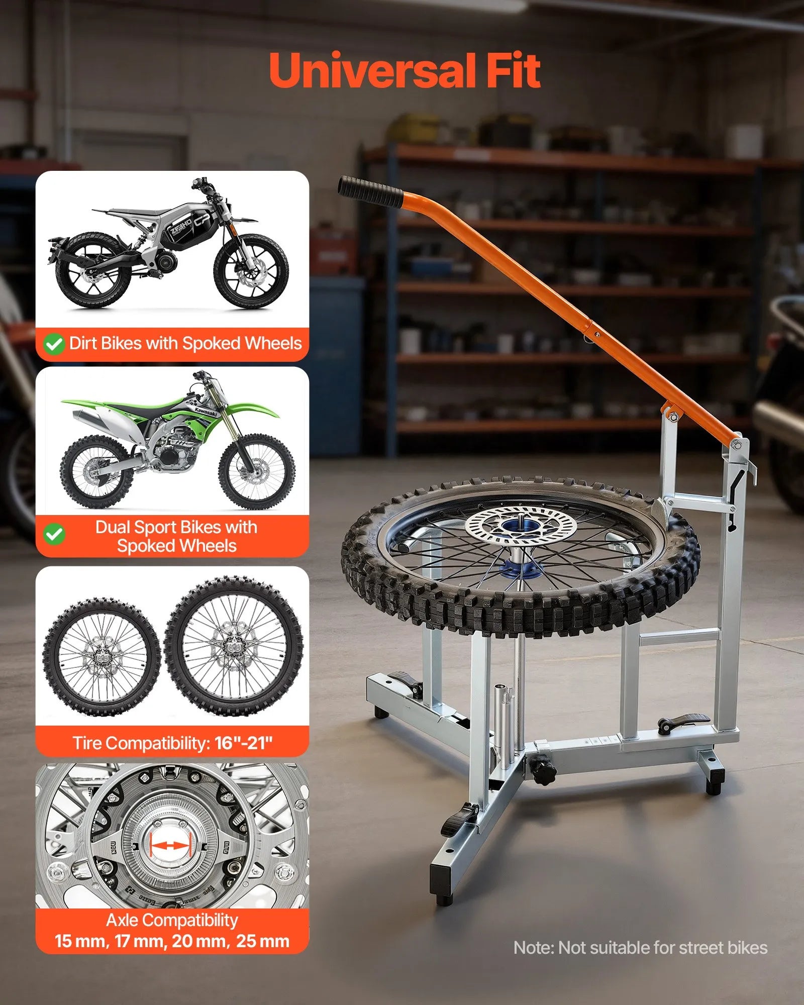 VEVOR motocikla un dual-sport riepu montāžas iekārta 406–533 mm riteņiem, 15/17/20/25 mm asīm, smagās klases riepu maiņas komplekts ar bortu atdalītāju, montāžas svirām, aizsarguzmavām un uzglabāšanas somu