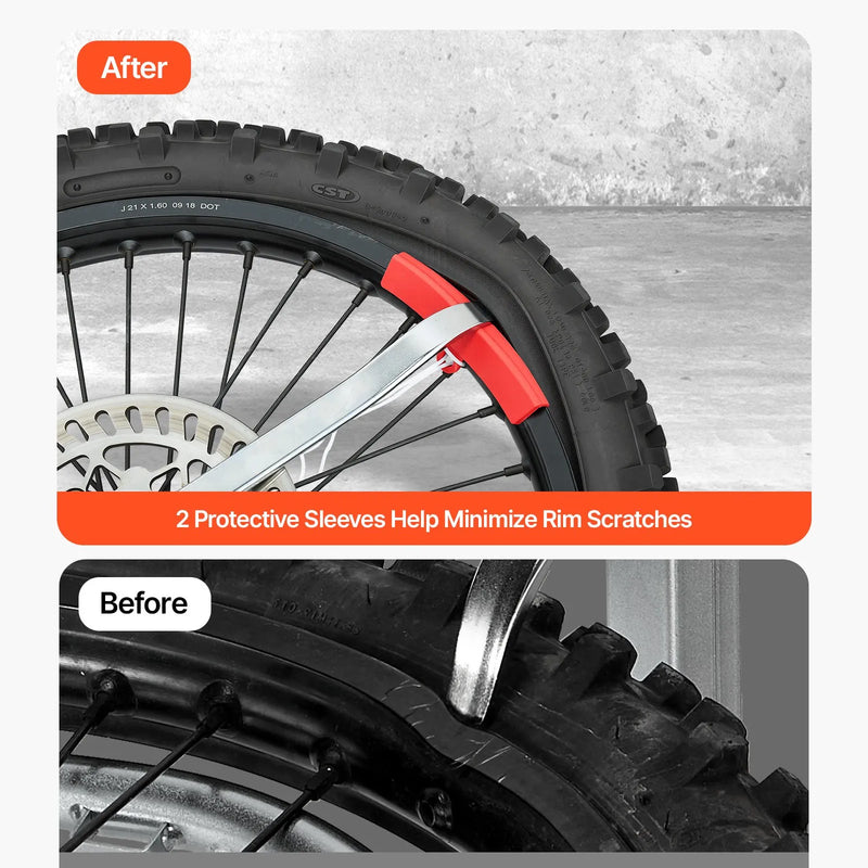VEVOR motocikla un dual-sport riepu montāžas iekārta 406–533 mm riteņiem, 15/17/20/25 mm asīm, smagās klases riepu maiņas komplekts ar bortu atdalītāju, montāžas svirām, aizsarguzmavām un uzglabāšanas somu
