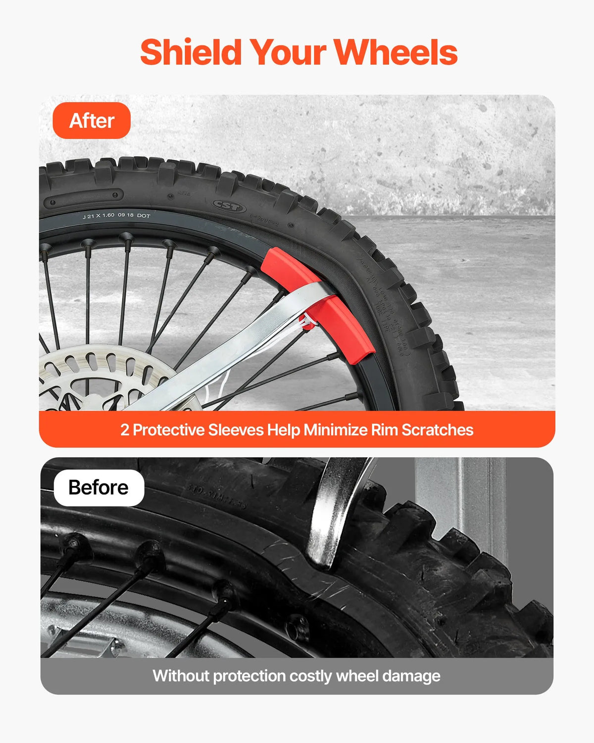 VEVOR motocikla un dual-sport riepu montāžas iekārta 406–533 mm riteņiem, 15/17/20/25 mm asīm, smagās klases riepu maiņas komplekts ar bortu atdalītāju, montāžas svirām, aizsarguzmavām un uzglabāšanas somu