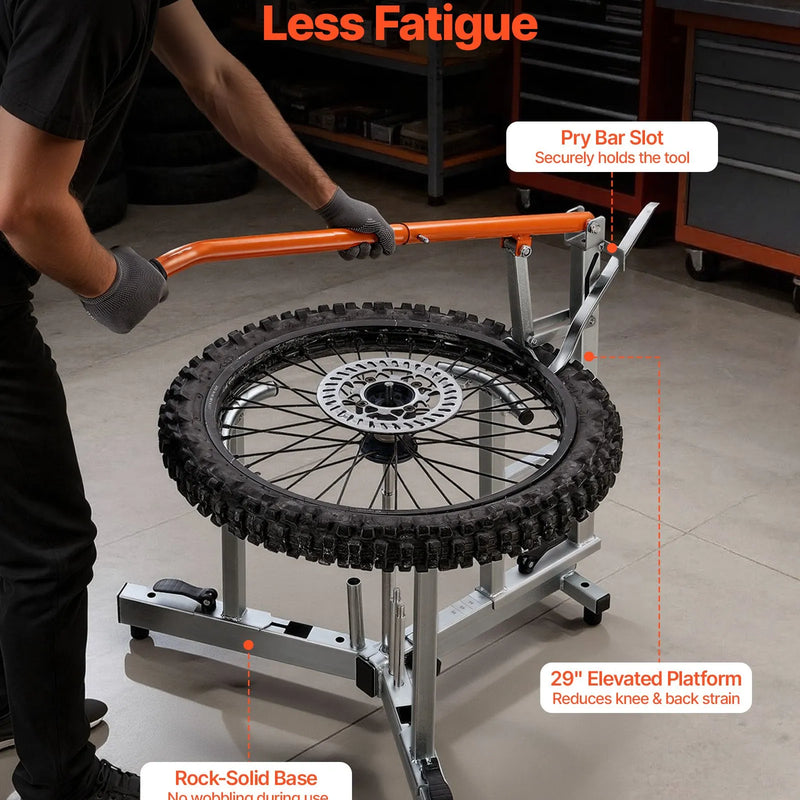 VEVOR motocikla un dual-sport riepu montāžas iekārta 406–533 mm riteņiem, 15/17/20/25 mm asīm, smagās klases riepu maiņas komplekts ar bortu atdalītāju, montāžas svirām, aizsarguzmavām un uzglabāšanas somu