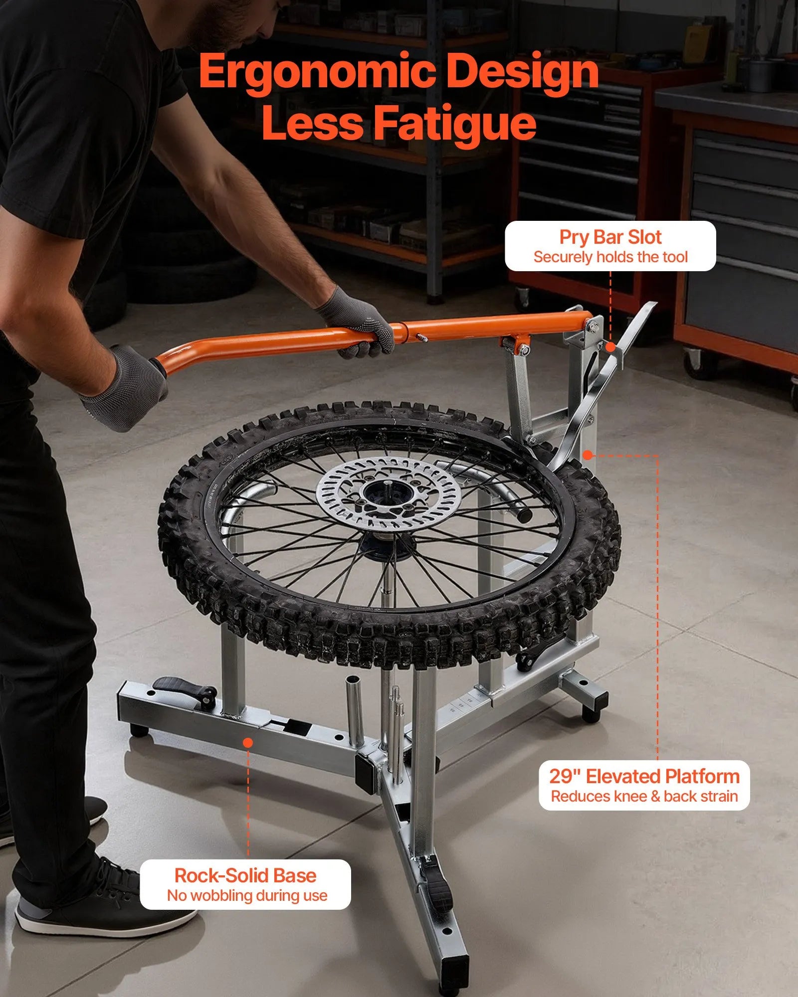 VEVOR motocikla un dual-sport riepu montāžas iekārta 406–533 mm riteņiem, 15/17/20/25 mm asīm, smagās klases riepu maiņas komplekts ar bortu atdalītāju, montāžas svirām, aizsarguzmavām un uzglabāšanas somu