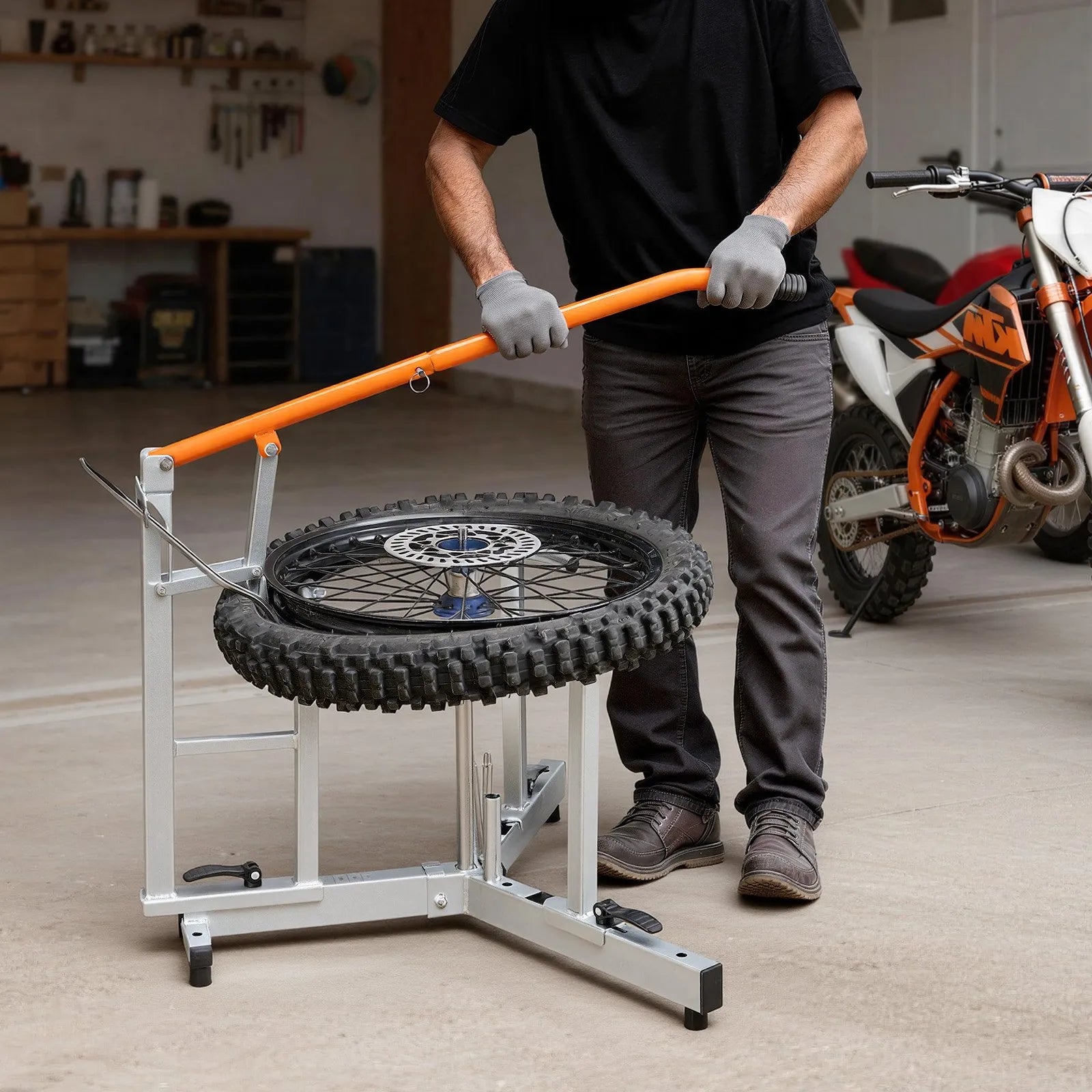 VEVOR motocikla un dual-sport riepu montāžas iekārta 406–533 mm riteņiem, 15/17/20/25 mm asīm, smagās klases riepu maiņas komplekts ar bortu atdalītāju, montāžas svirām, aizsarguzmavām un uzglabāšanas somu