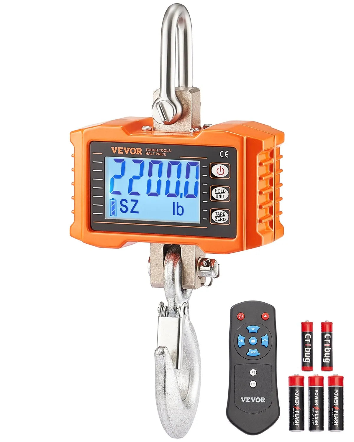 VEVOR Digitālie celtņa svari 1000 kg, industriālie piekaramie svari ar tālvadības pulti, alumīnija korpusu un LCD ekrānu, augstas precizitātes svari būvniecībai, rūpniecībai, saimniecībai un medībām, oranži