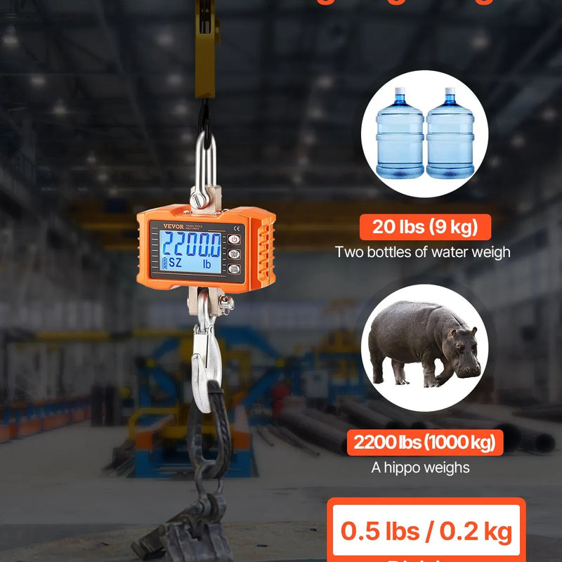 VEVOR Digitaalne kraanakaal 1000 kg, tööstuslik rippkaal kaugjuhtimispuldiga, alumiiniumist korpus ja LCD ekraan, suure täpsusega kaalud ehitus-, tööstus-, põllumajandus- ja jahinduskaalud, oranžikas