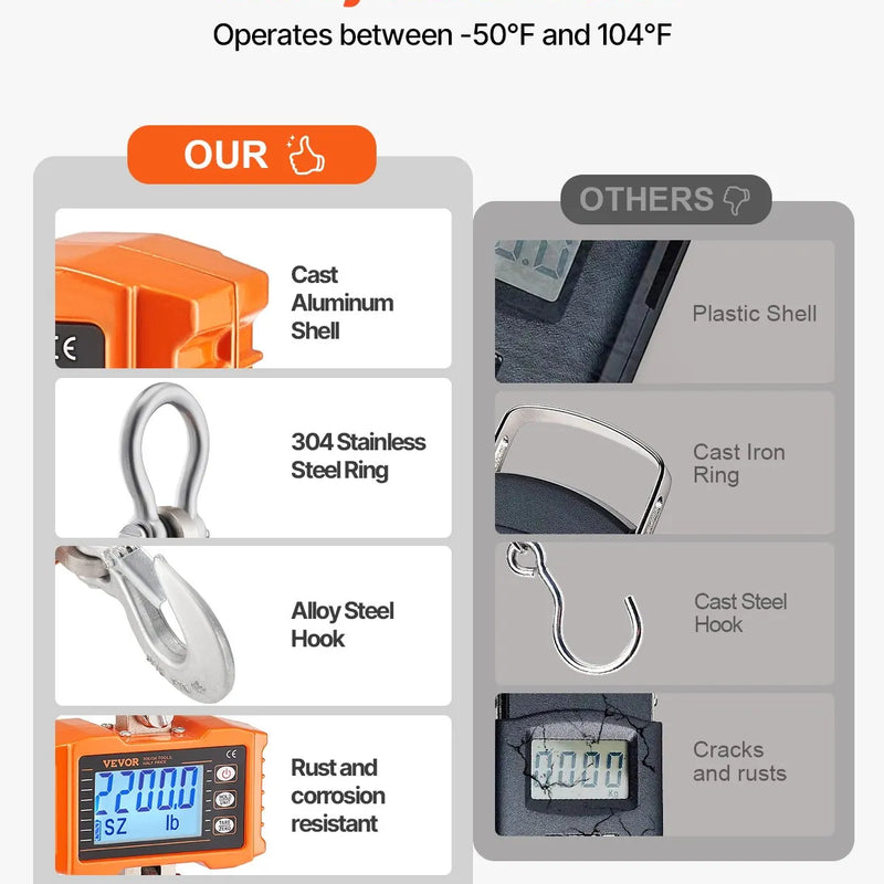 VEVOR Digitaalne kraanakaal 1000 kg, tööstuslik rippkaal kaugjuhtimispuldiga, alumiiniumist korpus ja LCD ekraan, suure täpsusega kaalud ehitus-, tööstus-, põllumajandus- ja jahinduskaalud, oranžikas