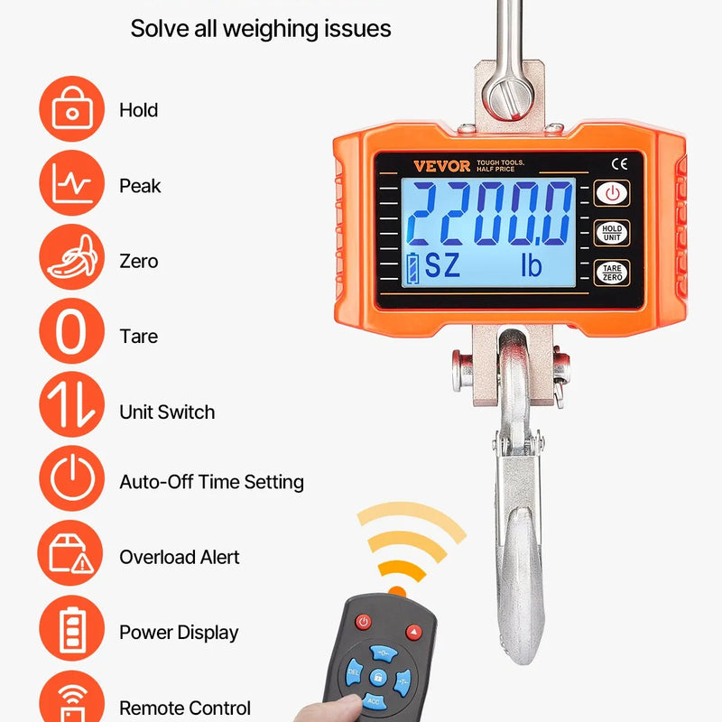 VEVOR Digitaalne kraanakaal 1000 kg, tööstuslik rippkaal kaugjuhtimispuldiga, alumiiniumist korpus ja LCD ekraan, suure täpsusega kaalud ehitus-, tööstus-, põllumajandus- ja jahinduskaalud, oranžikas