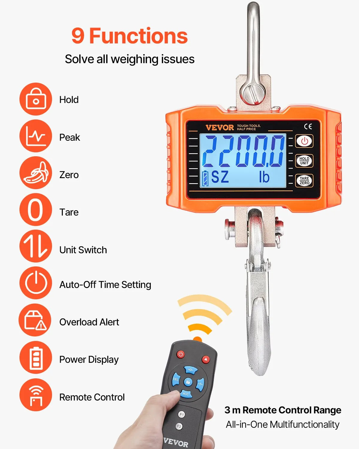 VEVOR Digitālie celtņa svari 1000 kg, industriālie piekaramie svari ar tālvadības pulti, alumīnija korpusu un LCD ekrānu, augstas precizitātes svari būvniecībai, rūpniecībai, saimniecībai un medībām, oranži