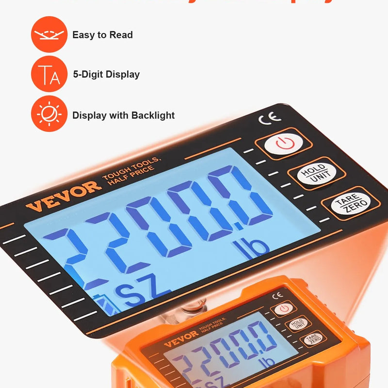 VEVOR Digitaalne kraanakaal 1000 kg, tööstuslik rippkaal kaugjuhtimispuldiga, alumiiniumist korpus ja LCD ekraan, suure täpsusega kaalud ehitus-, tööstus-, põllumajandus- ja jahinduskaalud, oranžikas