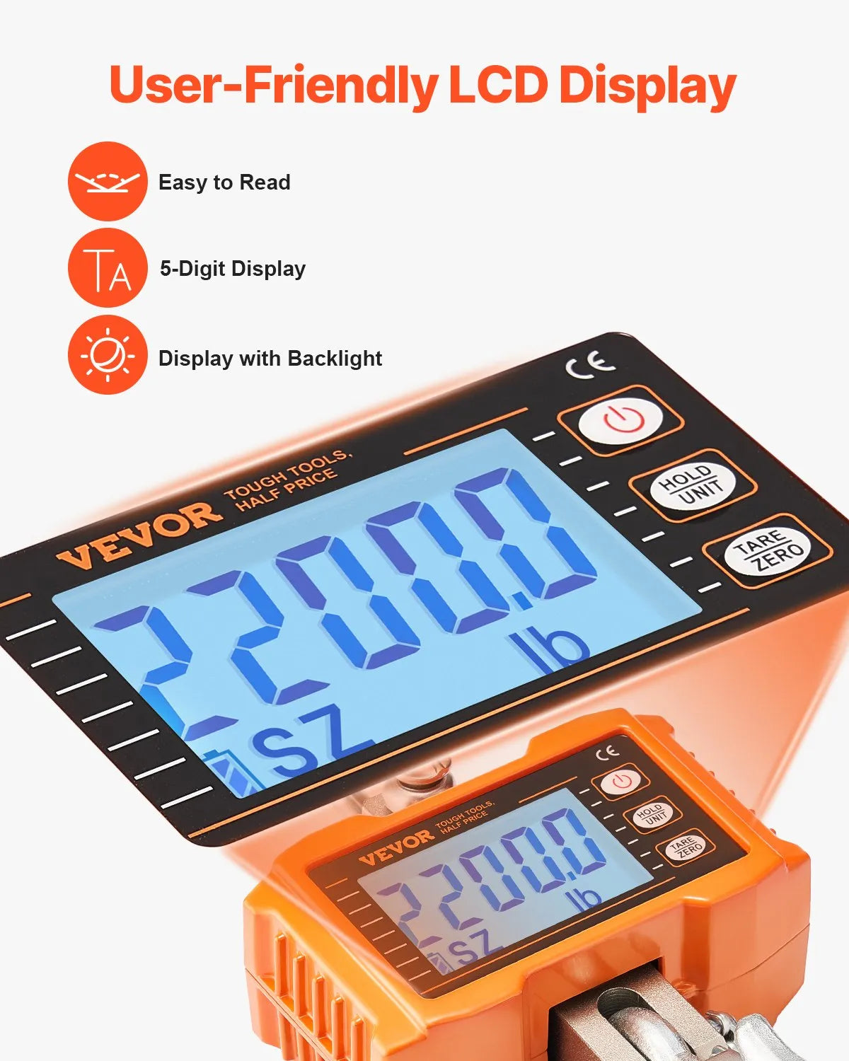 VEVOR Digitālie celtņa svari 1000 kg, industriālie piekaramie svari ar tālvadības pulti, alumīnija korpusu un LCD ekrānu, augstas precizitātes svari būvniecībai, rūpniecībai, saimniecībai un medībām, oranži