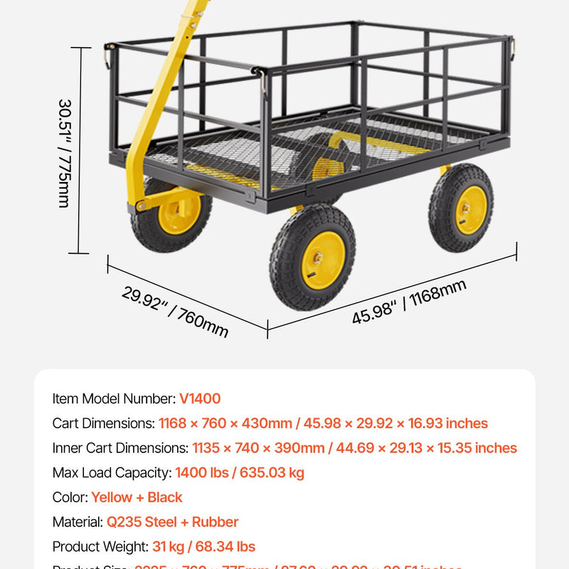 VEVOR Tērauda dārza ratiņi, 635 kg kravnesība, smagsvara konstrukcija, 33 cm riepas