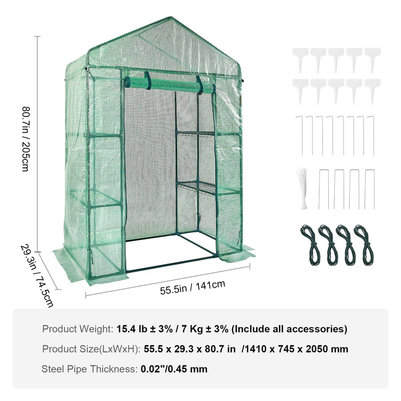 Pieejams 10 dienu laikā! VEVOR siltumnīca  1.40 x 0.73 x 2.04 m, uzstādāma dažu minūšu laikā, augstas stiprības PE pārsegs ar durvīm un logiem un ar pulverkrāsotu tērauda rāmi, piemērots stādīšanai un uzglabāšanai, zaļa