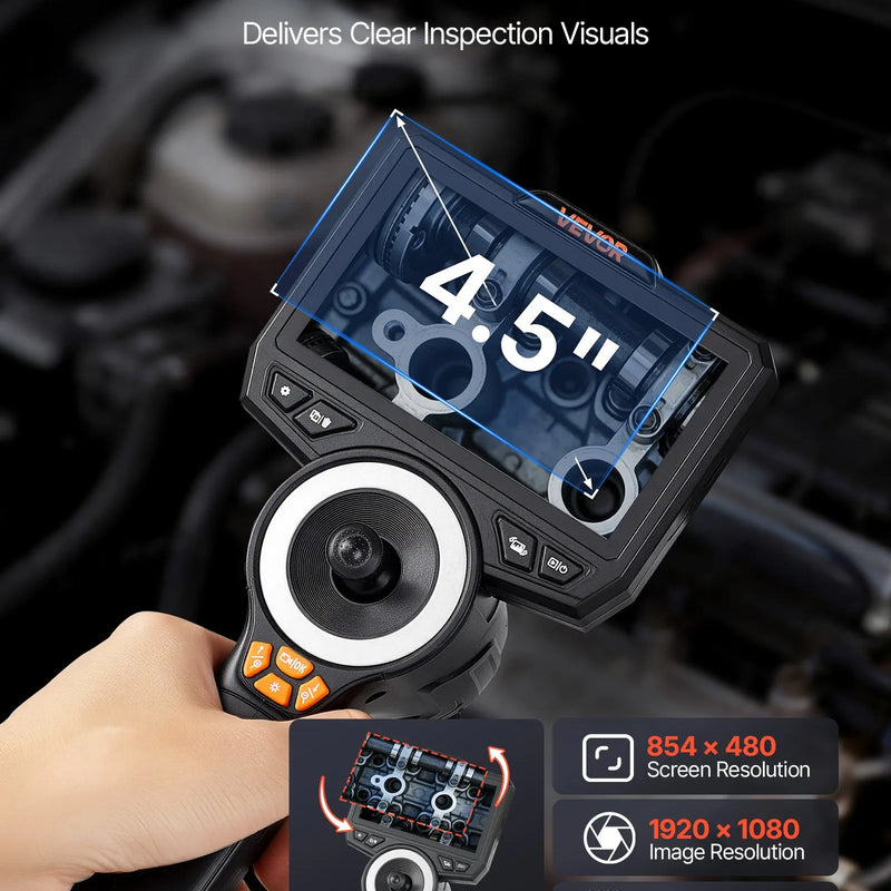 VEVOR artikulējamais endoskops ar apgaismojumu, 4 virzienu 360° boreskops ar 6,2 mm zondi, 1920 × 1080 Full HD kameru, 11,4 cm HD IPS ekrānu, 8× tālummaiņu un 1,5 m kabeli auto un mehānisko iekārtu pārbaudei