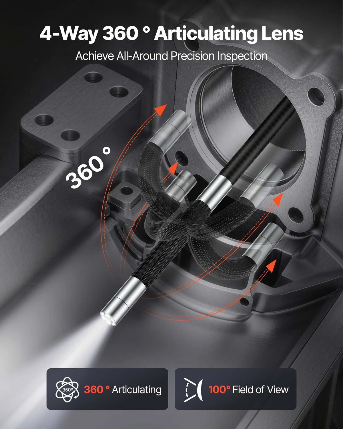 VEVOR artikulējamais endoskops ar apgaismojumu, 4 virzienu 360° boreskops ar 4,5" IPS ekrānu, 1920 × 1080 Full HD kameru, 8× tālummaiņu, IP67 ūdensizturību un 1,5 m kabeli, auto diagnostikai un cauruļvadu pārbaudei