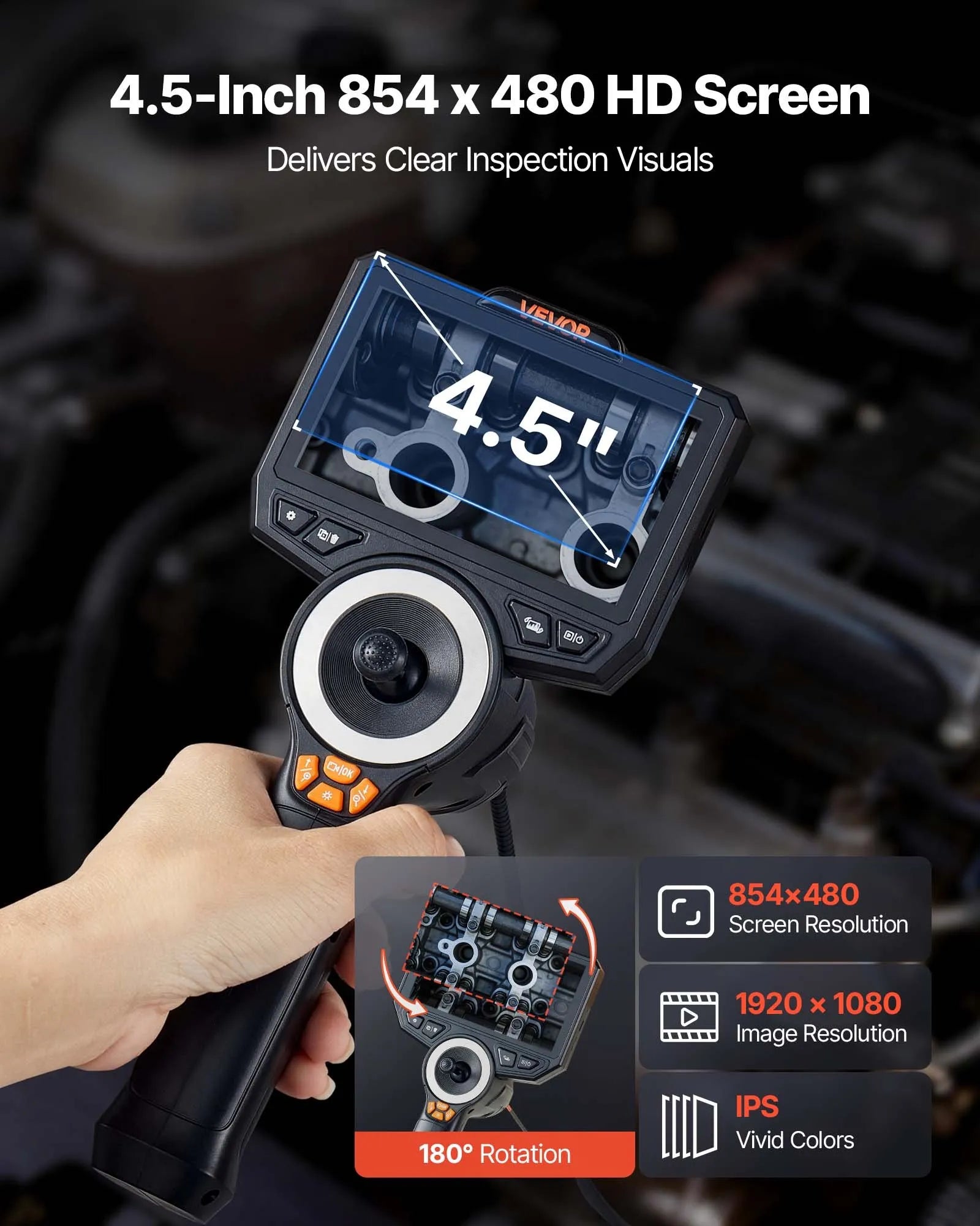 VEVOR artikulējamais endoskops ar apgaismojumu, 4 virzienu 360° boreskops ar 4,5" IPS ekrānu, 1920 × 1080 Full HD kameru, 8× tālummaiņu, IP67 ūdensizturību un 1,5 m kabeli, auto diagnostikai un cauruļvadu pārbaudei