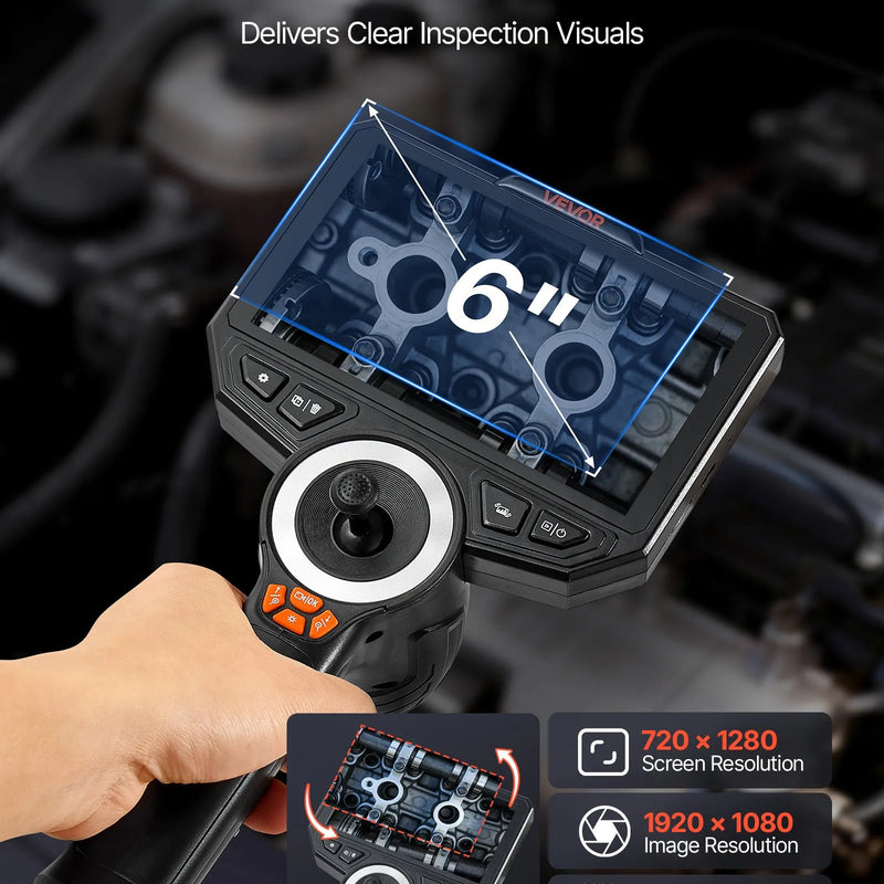 VEVOR artikulējamais endoskops ar apgaismojumu, 4 virzienu 360° boreskopa kamera, 6,2 mm zonde ar 1920 × 1080 Full HD izšķirtspēju, 15,2 cm HD IPS ekrāns, 7000 mAh akumulators un IP67 ūdensizturība auto un mehānisko iekārtu pārbaudei