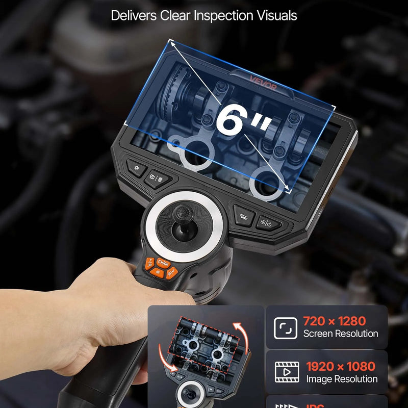 VEVOR artikulējamais endoskops ar apgaismojumu, 4 virzienu 360° boreskopa kamera, 15,2 cm HD IPS ekrāns, 1920 × 1080 Full HD kamera, 8× tālummaiņa, 7000 mAh akumulators, IP67 ūdensizturība, 1,5 m kabelis auto diagnostikai un cauruļvadu pārbaudei