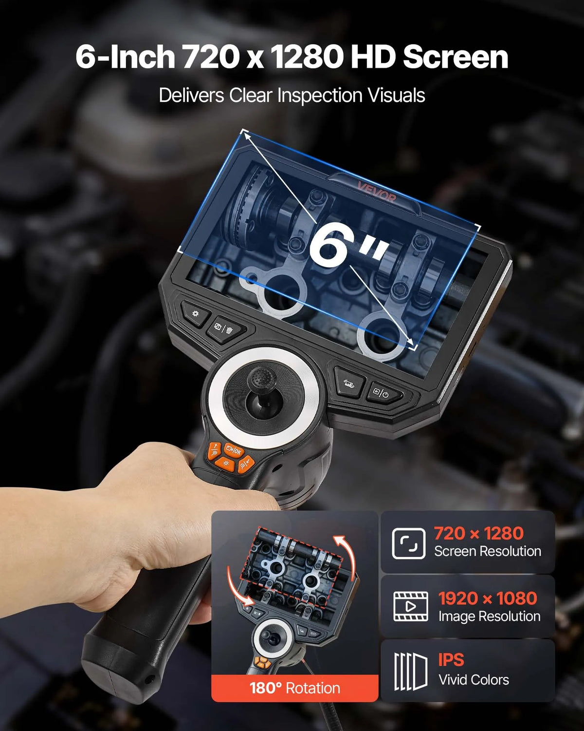 VEVOR artikulējamais endoskops ar apgaismojumu, 4 virzienu 360° boreskopa kamera, 15,2 cm HD IPS ekrāns, 1920 × 1080 Full HD kamera, 8× tālummaiņa, 7000 mAh akumulators, IP67 ūdensizturība, 1,5 m kabelis auto diagnostikai un cauruļvadu pārbaudei