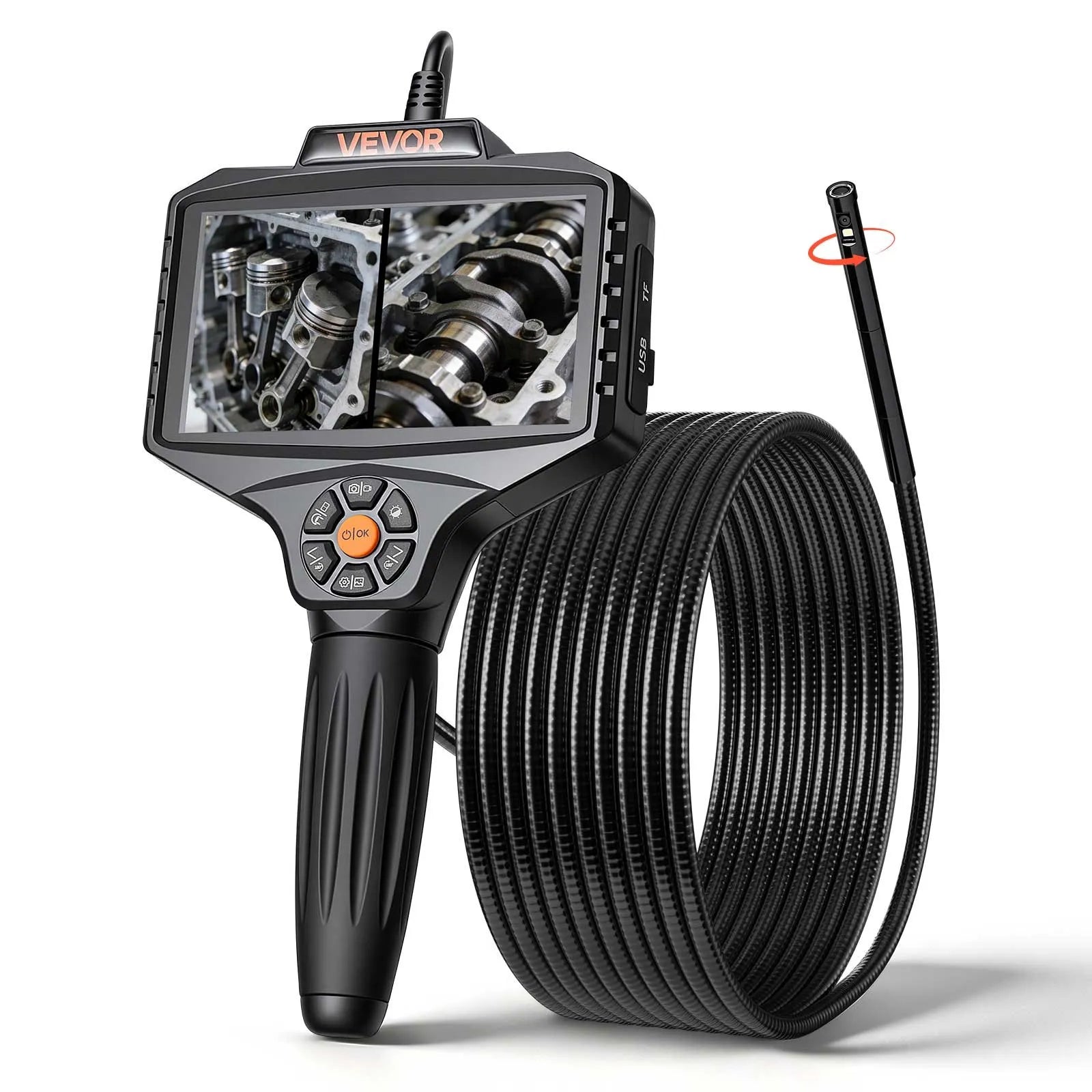 VEVOR 360° rotējošs endoskops ar divām kamerām, 12,7 cm HD IPS dalītā ekrāna displejs, 8 mm kamera ar apgaismojumu, IP67, 5 m inspekcijas kabelis automobiļiem un cauruļvadiem