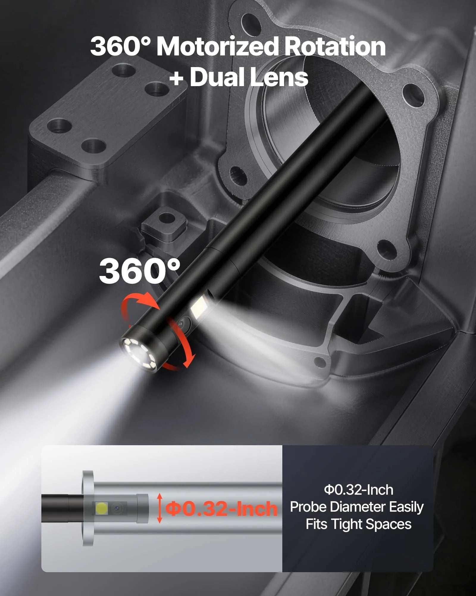 VEVOR 360° rotējošs endoskops ar divām kamerām, 12,7 cm HD IPS dalītā ekrāna displejs, 8 mm kamera ar apgaismojumu, IP67, 5 m inspekcijas kabelis automobiļiem un cauruļvadiem