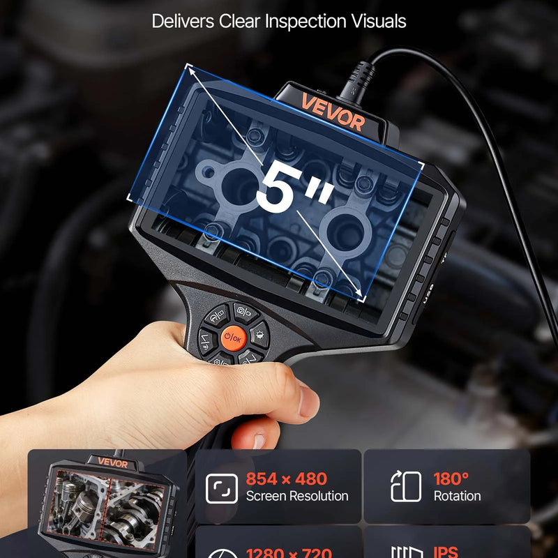 VEVOR 360° rotējošs endoskops ar divām kamerām, 12,7 cm HD IPS dalītā ekrāna displejs, 8 mm kamera ar apgaismojumu, IP67, 5 m inspekcijas kabelis automobiļiem un cauruļvadiem