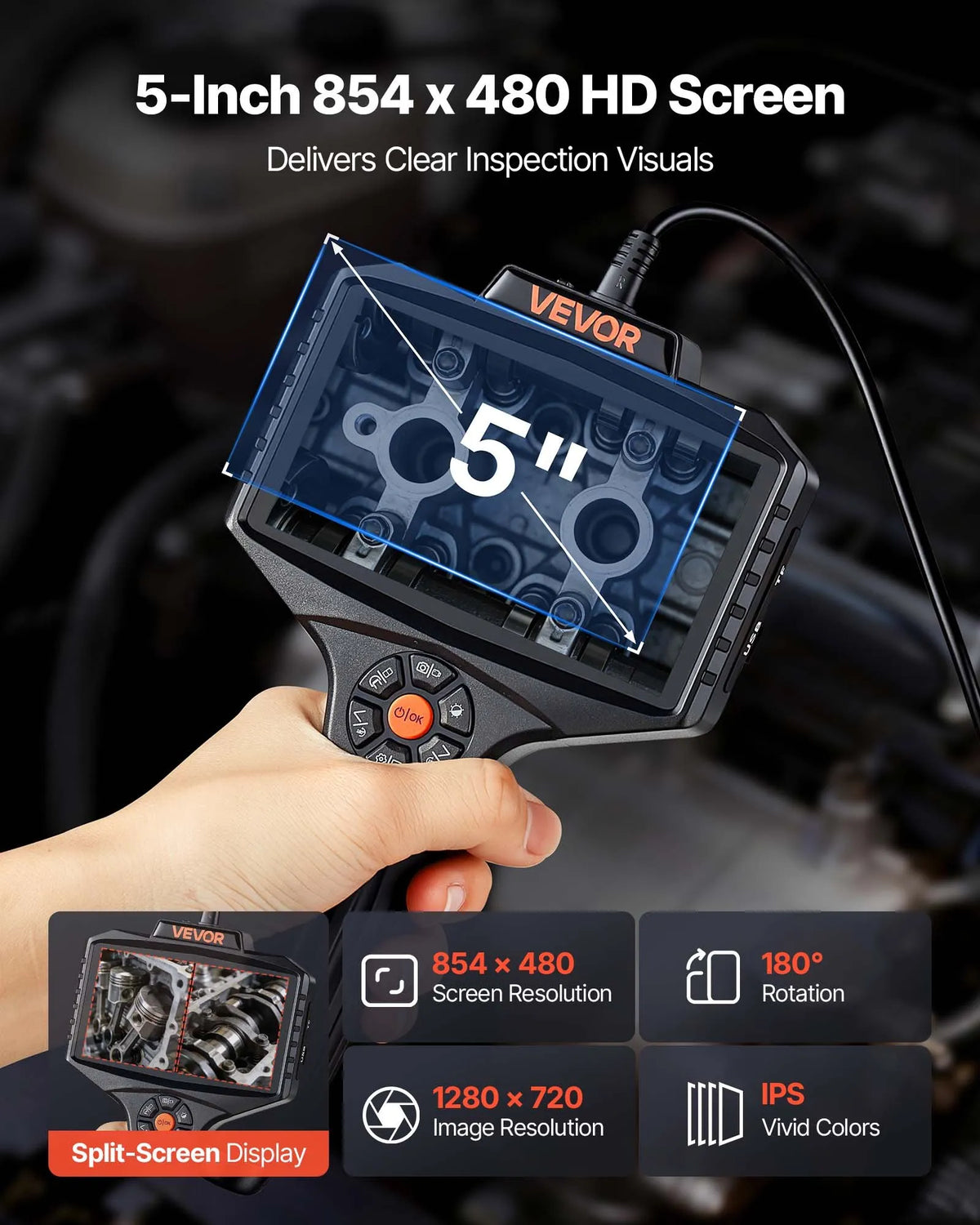 VEVOR 360° rotējošs endoskops ar divām kamerām, 12,7 cm HD IPS dalītā ekrāna displejs, 8 mm kamera ar apgaismojumu, IP67, 5 m inspekcijas kabelis automobiļiem un cauruļvadiem
