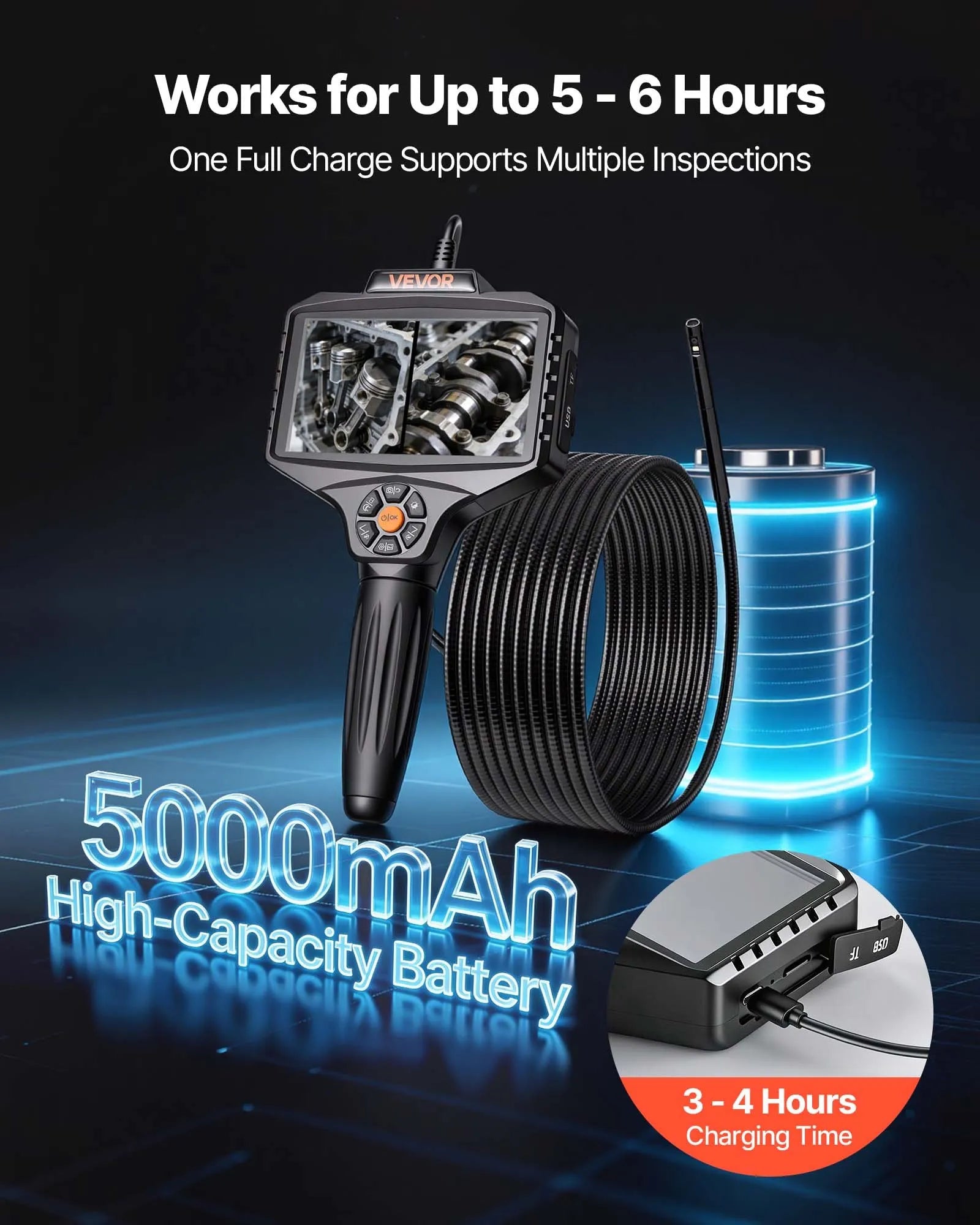 VEVOR 360° rotējošs endoskops ar divām kamerām, 12,7 cm HD IPS dalītā ekrāna displejs, 8 mm kamera ar apgaismojumu, IP67, 5 m inspekcijas kabelis automobiļiem un cauruļvadiem