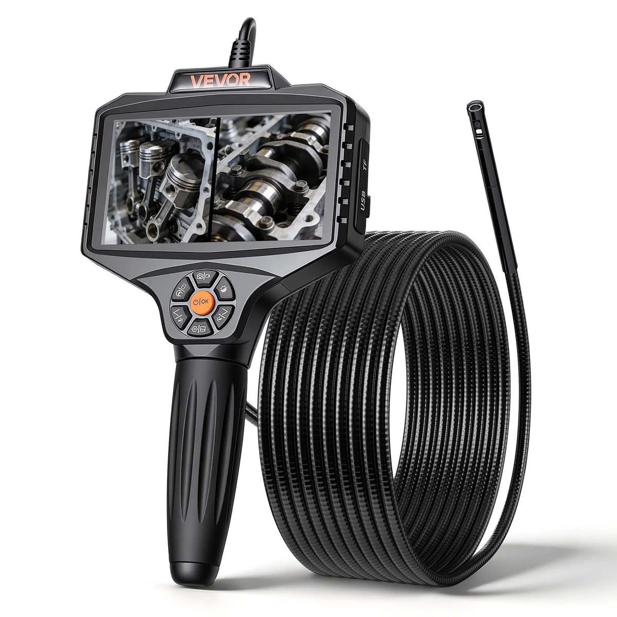 VEVOR 360° rotējošs endoskops ar divām kamerām, 12,7 cm HD IPS dalītā ekrāna displejs, 8 mm kamera ar apgaismojumu, IP67, 5 m inspekcijas kabelis automobiļiem un cauruļvadiem