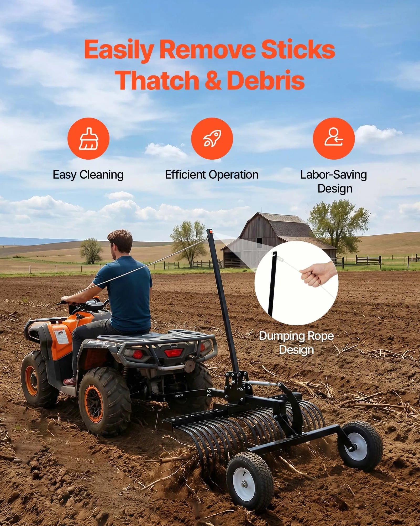 VEVOR 122 cm velkamais ainavu grābeklis, velkams zāliena un akmeņu grābeklis ATV, pļaujmašīnām un traktoriem, 24 izturīgi tērauda zari, regulējams augstums un leņķis, pastiprināts aerācijas grābeklis lapām un dārza atkritumiem