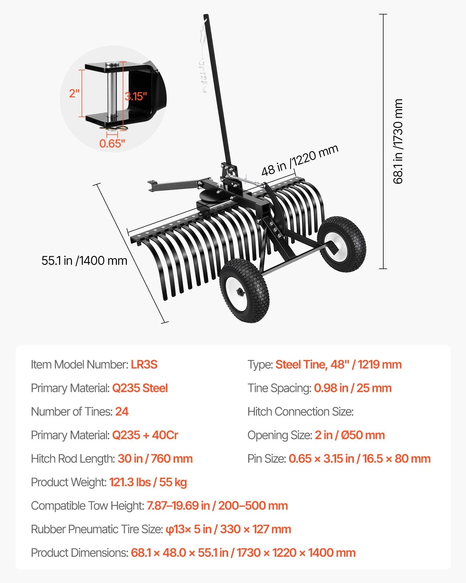 VEVOR 122 cm velkamais ainavu grābeklis, velkams zāliena un akmeņu grābeklis ATV, pļaujmašīnām un traktoriem, 24 izturīgi tērauda zari, regulējams augstums un leņķis, pastiprināts aerācijas grābeklis lapām un dārza atkritumiem