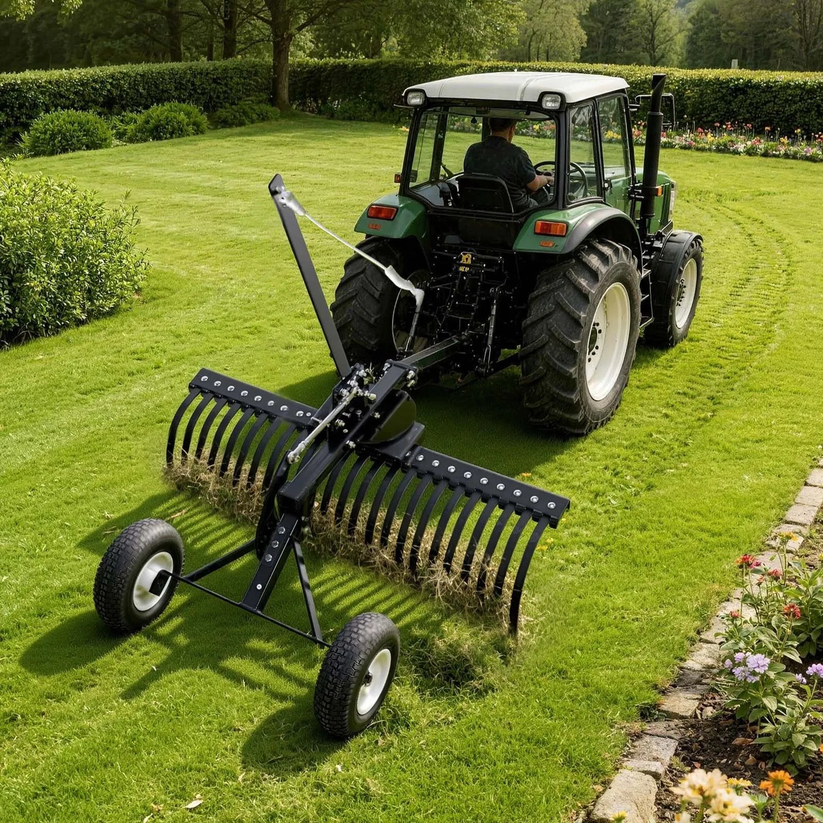 VEVOR 122 cm velkamais ainavu grābeklis, velkams zāliena un akmeņu grābeklis ATV, pļaujmašīnām un traktoriem, 24 izturīgi tērauda zari, regulējams augstums un leņķis, pastiprināts aerācijas grābeklis lapām un dārza atkritumiem