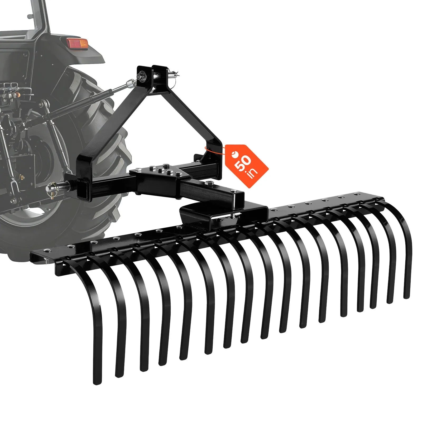 VEVOR 127 cm 3 punktu ainavu akmeņu grābeklis ar 17 tērauda zariem, regulējamu leņķi, piemērots 1. kategorijas traktoriem, pastiprināts zāliena aerators zālei un zariem
