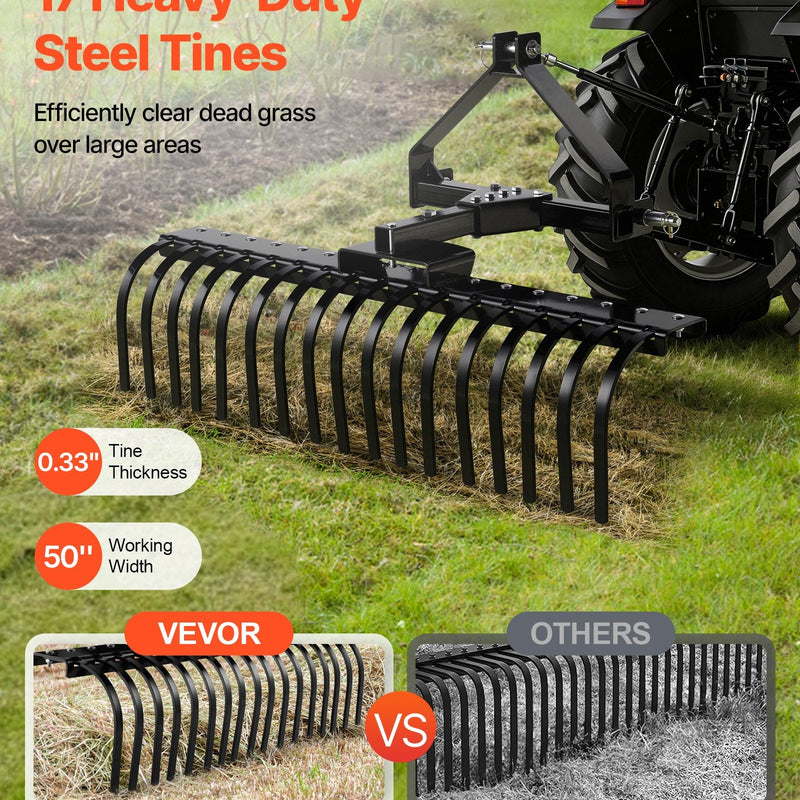 VEVOR 127 cm 3 punktu ainavu akmeņu grābeklis ar 17 tērauda zariem, regulējamu leņķi, piemērots 1. kategorijas traktoriem, pastiprināts zāliena aerators zālei un zariem