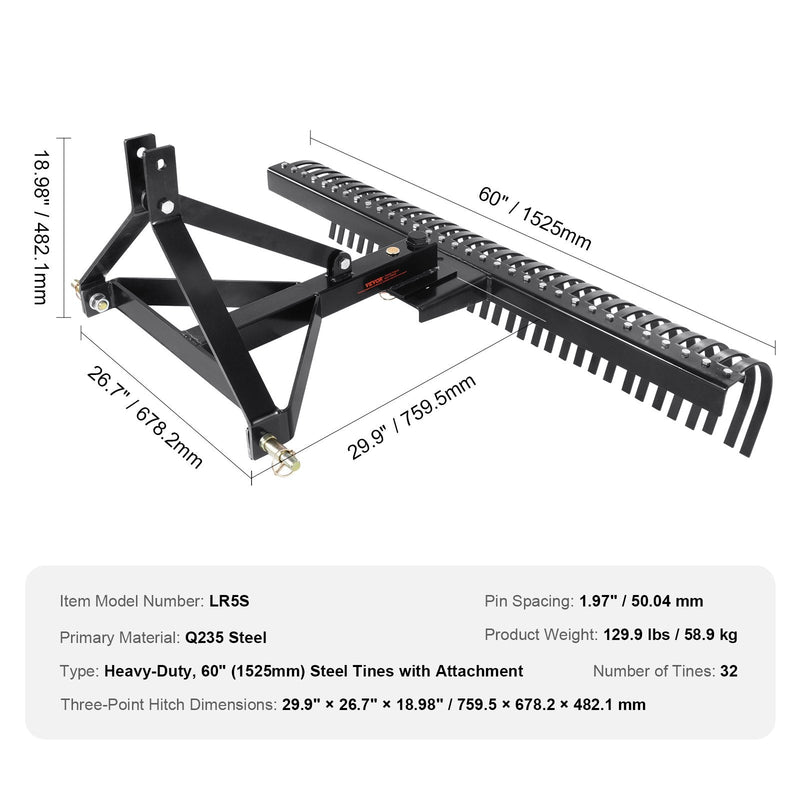 VEVOR velkamais zāliena skarifikators 1524 mm ar 3 punktu piekari un stiprinājumiem